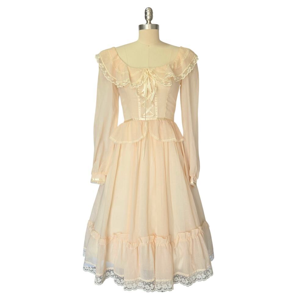 Gunne Sax Peplum Midi Dress Size S 7 9 Pink Corset Vintage 70s Prairie Bridal - Picture 2 of 14